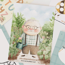 Load image into Gallery viewer, Children's playdough mat with a cartoon gardener and garden-themed items.
