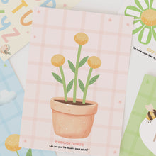 Load image into Gallery viewer, Set of educational cards with illustrations of flowers and letters on a white background