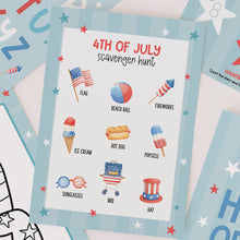 Load image into Gallery viewer, Scavenger hunt sheet for 4th of July with icons and text on a white background.
