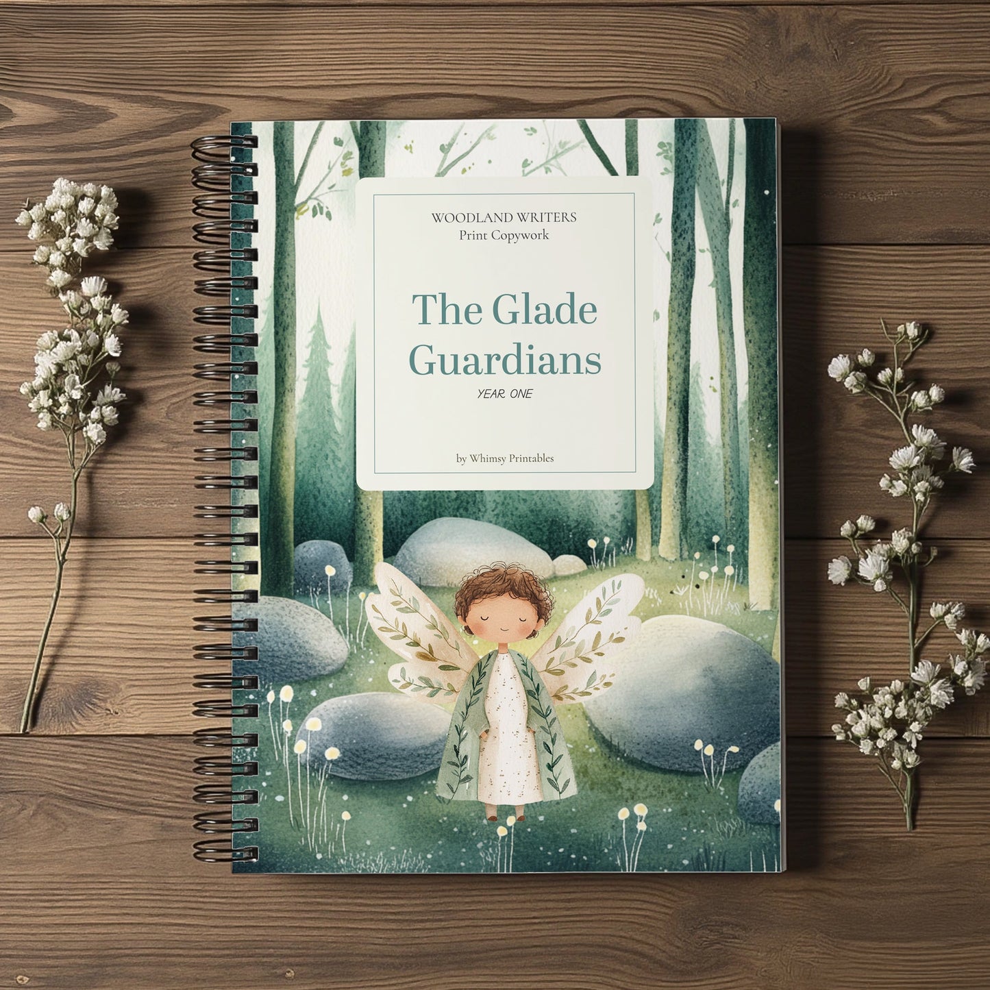 A spiral-bound book titled "The Glade Guardians" by William Froufables lies flat on a rustic wooden surface, surrounded by small white flowers. The cover features an illustration of a winged fairy in a green woodland scene.