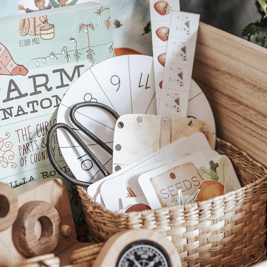 A digital product showcasing a morning basket with various educational printables related to farm agriculture aimed at early childhood learning.