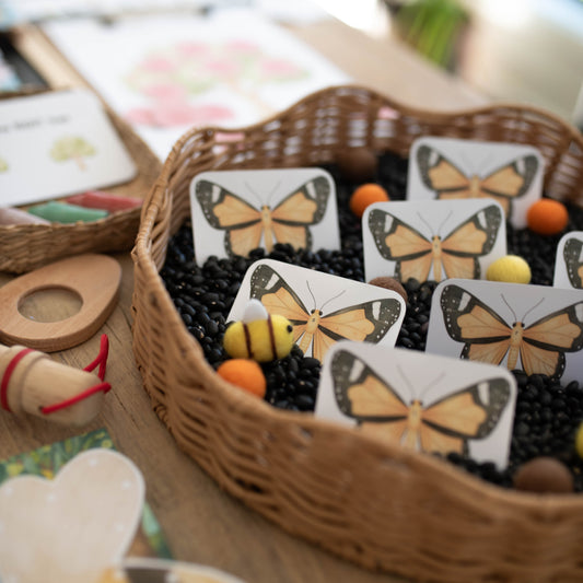 A wicker basket filled with black beans, small orange and yellow beads, and printed butterfly cards arranged on a wooden table in a softly blurred setting.