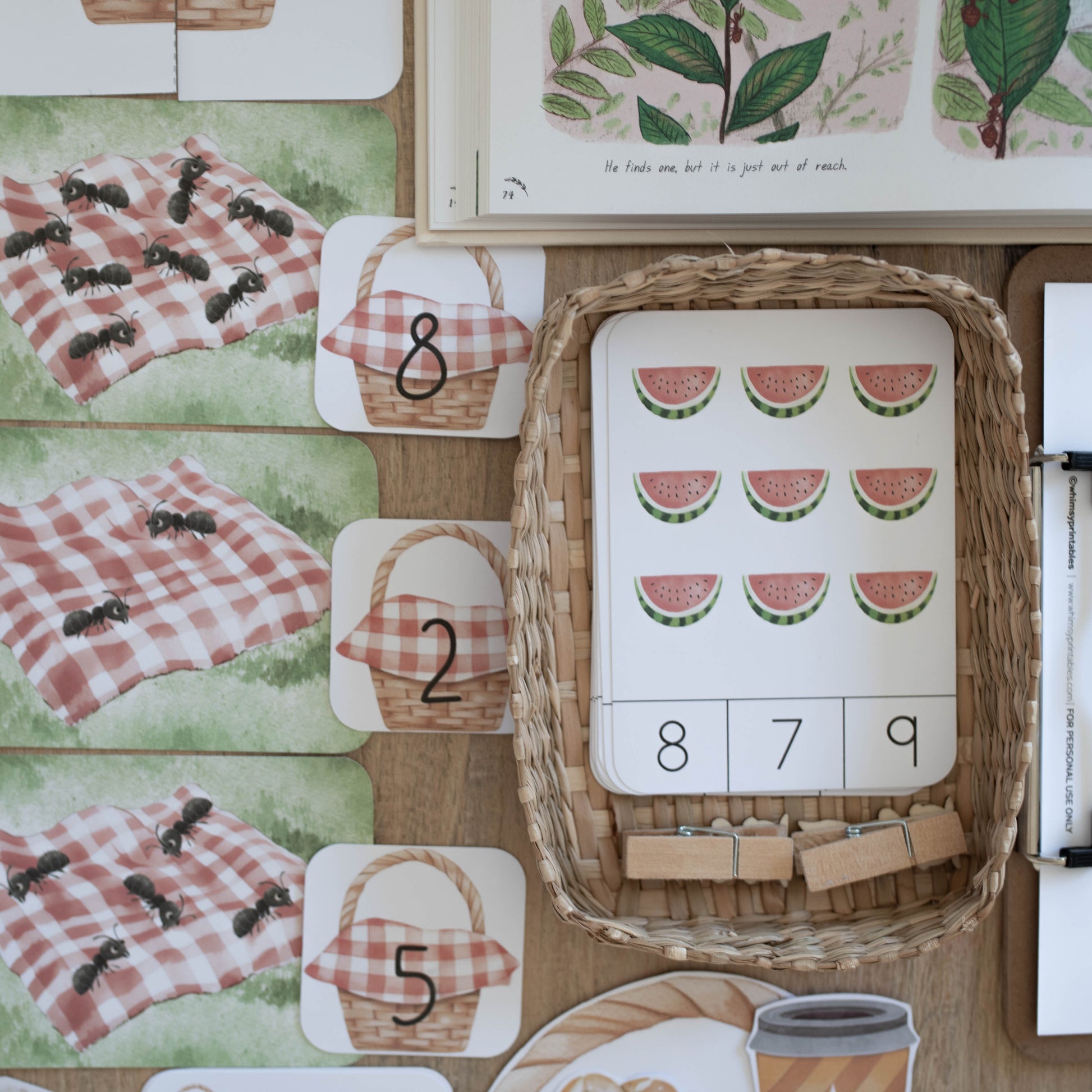 A children's watermelon-themed counting and matching activity set arranged on a wooden surface, including printed cards, a basket, small wooden clips, and a clipboard.