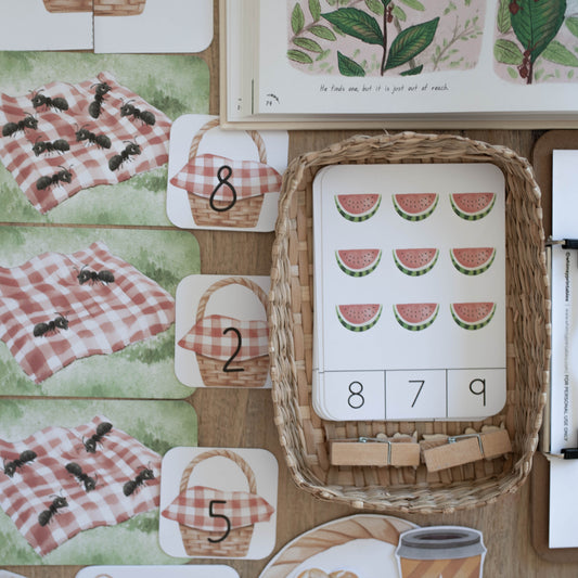 A children's watermelon-themed counting and matching activity set arranged on a wooden surface, including printed cards, a basket, small wooden clips, and a clipboard.