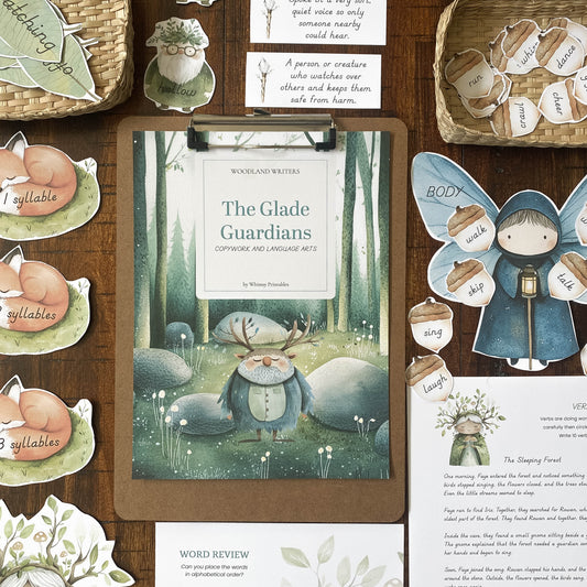 A styled flat-lay of a woodland-themed educational craft kit on a dark wood background. The central product is a clipboard featuring 'The Glade Guardians' book cover, surrounded by matching paper cutouts, word cards, and writing sheets.