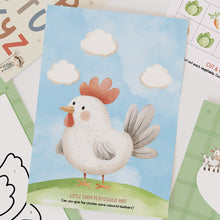 Load image into Gallery viewer, Children's educational activity book with a cartoon rooster on a blue sky background, surrounded by other educational materials.
