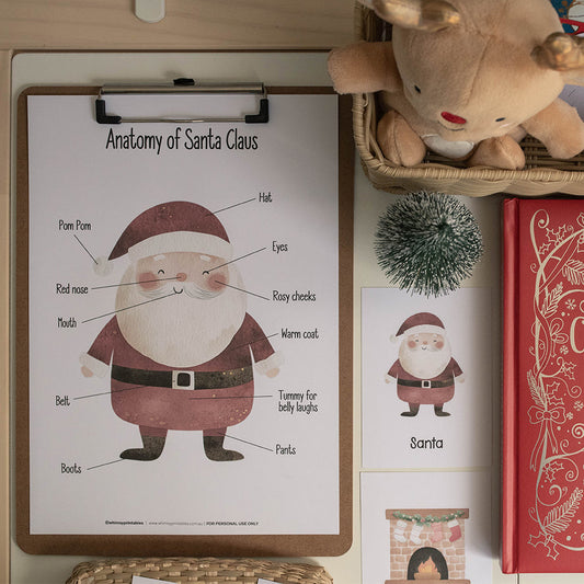 Christmas-themed items including a book titled 'A Treasury of Christmas Stories' and educational chart about Santa Claus on a wooden surface.