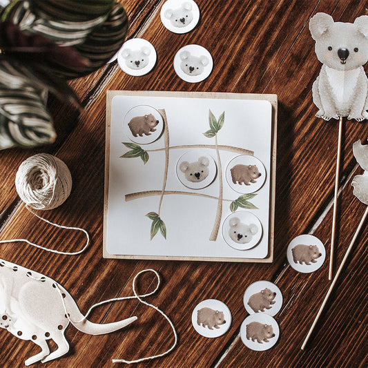 Printable Australian animal themed activities including a tic tac toe game, koala puppet, and kangaroo lacing card.