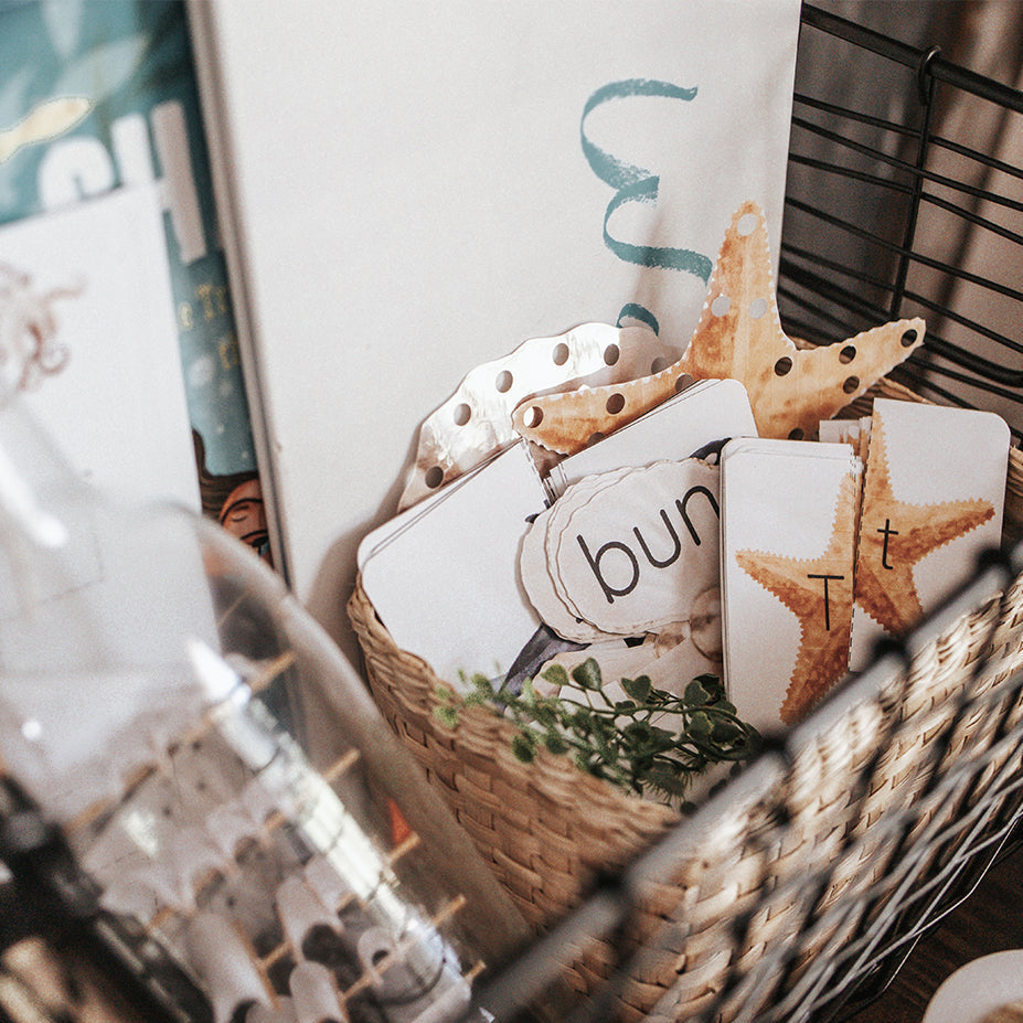 A basket containing educational materials related to oceanography, including printouts and a toy squid.